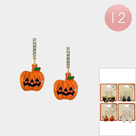 12Pairs - Enamel Halloween Pumpkin Ghost Cat Dangle Earrings