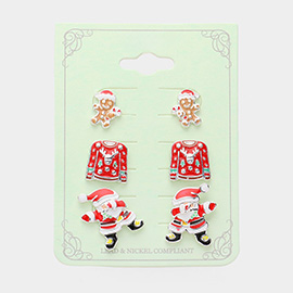 3Pairs - Enamel Christmas Gingerbread Man Sweater Santa Stud Earring Set