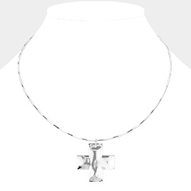 Hammered Metal Cross Pendant Necklace