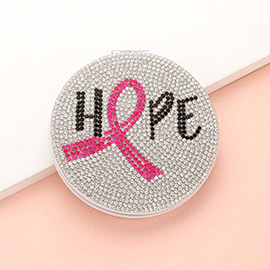 Bling Studded Pink Ribbon HOPE Message Compact Mirror