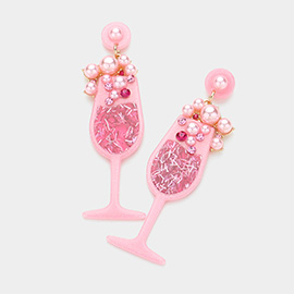 Pearl Glittered Resin Champagne Dangle Earrings