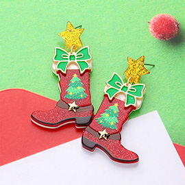 Glittered Resin Bow Pointed Christmas Boots Dangle Earrings