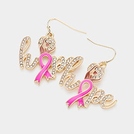 Enamel Pink Ribbon Stone Paved HOPE Message Dangle Earrings