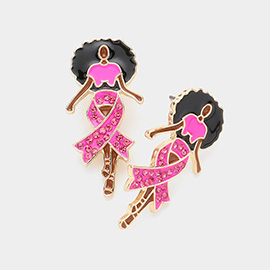 Stone Paved Pink Ribbon Enale Afro Woman Earrings