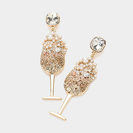Pearl Stone Embellished Champagne Dangle Earrings