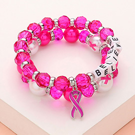 2PCS - BELIEVE Message Pointed Pink Ribbon Charm Faceted Beaded Stretch Double Layered Bracelets