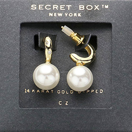 SECRET BOX_14K Gold Dipped CZ Stone Paved Pearl Pointed Earrings