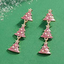 Pearl Pointed Glittered Enamel Christmas Tree Link Dropdown Earrings