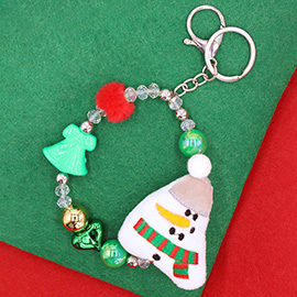 Snowman Plush Doll Pointed Charm Beaded Stretch Christmas Keychain