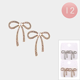 12Pairs - Pearl Pointed Stone Paved Bow Earrings