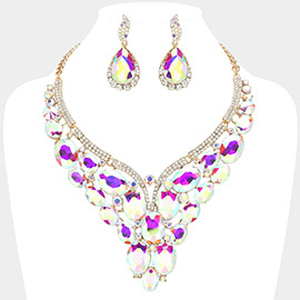 Oval Glass Stone Cluster Embellished Evening Necklace