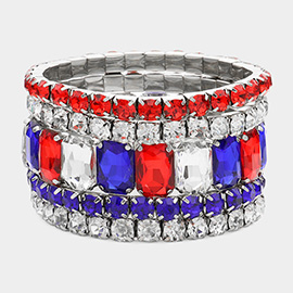 5PCS - American USA Theme Emerald Cut Round Stone Stretch Evening Bracelets