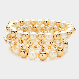 4PCS - Pearl Metal Beaded Stretch Multi Layered Bracelets