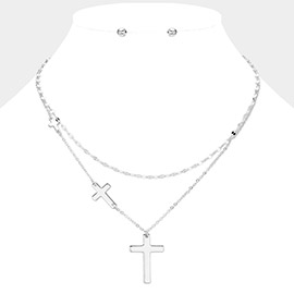Metal Cross Pendant Pointed Double Layered Neacklace