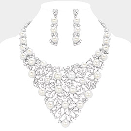 Pearl Stone Embellished Statement Evening Necklace