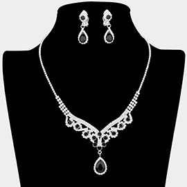 Teardrop Stone Accented Rhinestone Necklace Clip on Earring Set