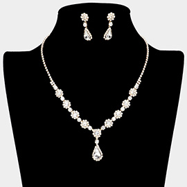 Teardrop Stone Pointed Flower Rhinestone Paved Necklace