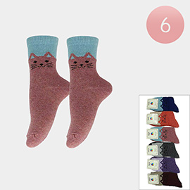 6PAIRS - Wool Blend Warm Crew Cat Printed Socks