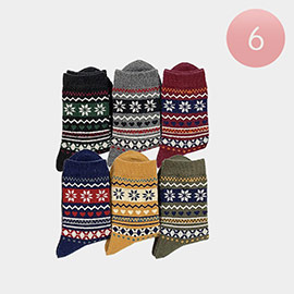 6PAIRS - Wool Blend Warm Crew Snowflake Printed Socks