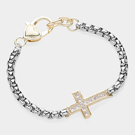 14K Gold Plated Two Tone CZ Stone Paved Cross Bracelet