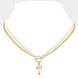 Metal Cross Toggle Pendant Pointed Pearl Chain Layered Necklace