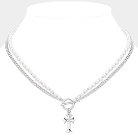 Metal Cross Toggle Pendant Pointed Pearl Chain Layered Necklace