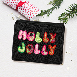 HOLLY JOLLY Christmas Message Seed Beaded Mini Pouch Bag