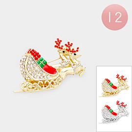 12PCS - Crystal Embellished Rudolph Sleigh Pin Brooches