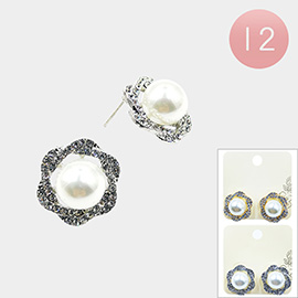 12Pairs - Pearl Pointed Stone Paved Flower Stud Earrings