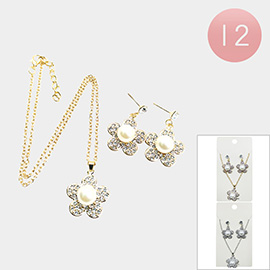 12PCS - Pearl Pointed Stone Paved Flower Pendant Necklace Sets