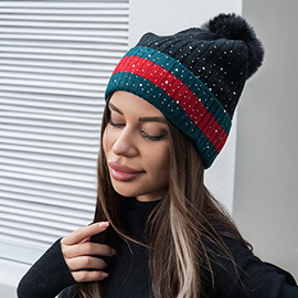 Bling Studded Color Block Pom Pom Beanie Hat