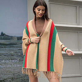 Colorblock Stripe Tassel Shawl Poncho