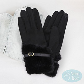 Faux Fur And Strap Cuff Smart Touch Gloves