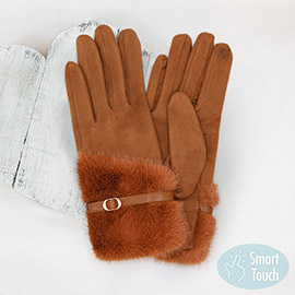 Faux Fur And Strap Cuff Smart Touch Gloves