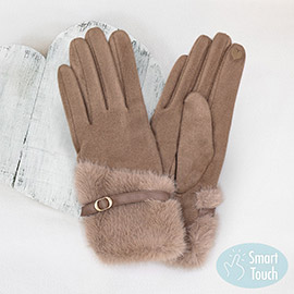 Faux Fur And Strap Cuff Smart Touch Gloves