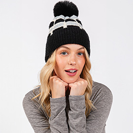 Cozy Color Blocked Pom Pom Beanie Hat