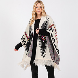 Fuzzy Aztec Pattern Tassel Knit Ruana Poncho