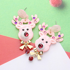 Stone Embellished Glittered Resin Rudolph Dangle Earrings