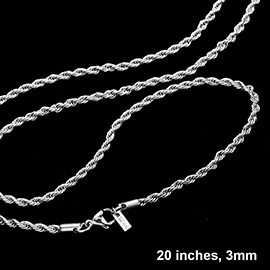 20 INCH, 3mm Stainless Steel Rope Chain Necklace