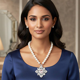 Square Oval Glass Stone Embellished Pendant Accent Toggle Pearl Statement Necklace