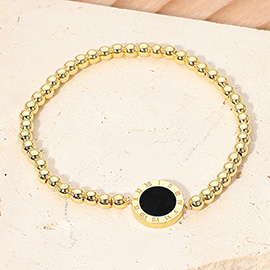 Roman Numeral Round Disc Pointed Stainless Steel Ball Beaded Stretch Bracelet