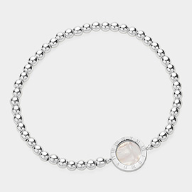 Roman Numeral Round Disc Pointed Stainless Steel Ball Beaded Stretch Bracelet