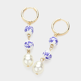 Pearl Tip Floral Pattern Blue Ceramic Ball Link Dropdown Huggie Earrings