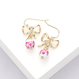 Metal Bow Pointed Floral Pattern Ceramic Ball Dangle Earrings