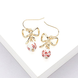 Metal Bow Pointed Floral Pattern Ceramic Ball Dangle Earrings