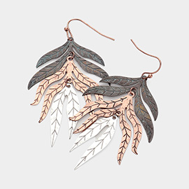 Textured Metal Tropical Leaf Dangle Earrings