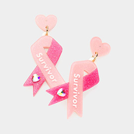 Survivor Message Heart Stone Glittered Pink Ribbon Dangle Earrings