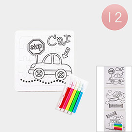 12 Set of 3 - Cute Car Airplane Boat Coloring Puzzle Pen Sets