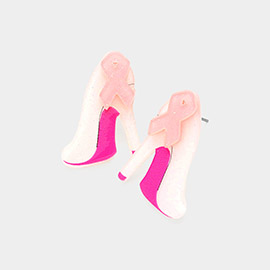 Glittered Pink Ribbon Pointed High Heel Stud Earrings