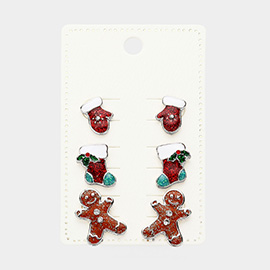 3Pairs - Enamel Christmas Mitten Socks Gingerbread Man Stud Earrings